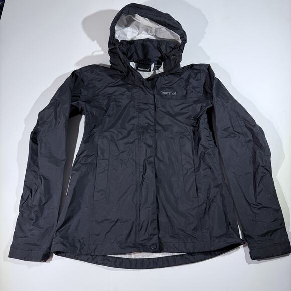 Marmot Jacket Women’s Size x-small Black PreCip Eco Hooded Rain Coat Windbreaker - Picture 1 of 8